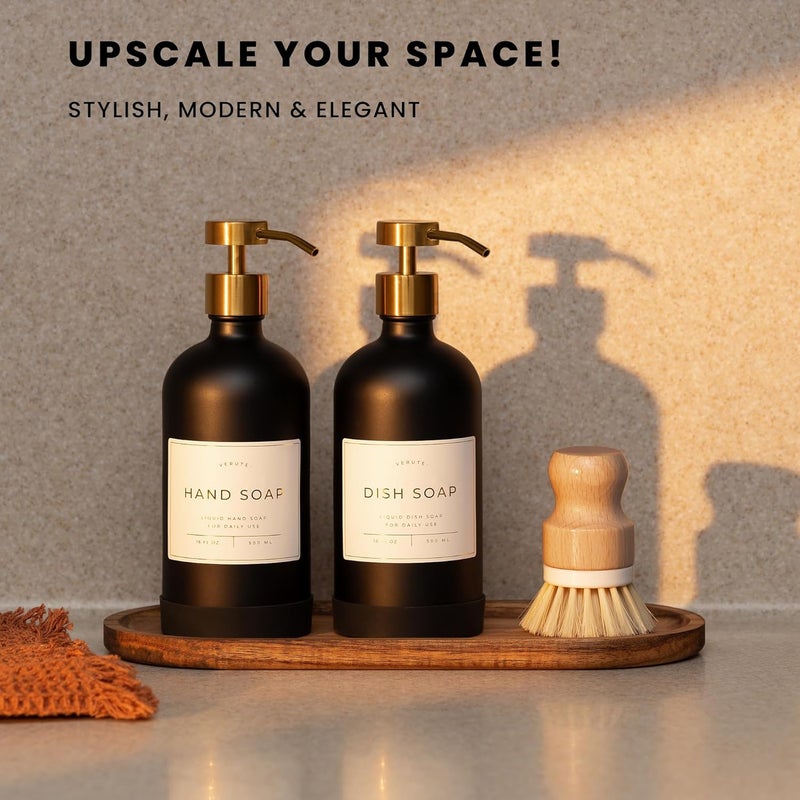Verute Hand and Dish Soap Dispenser for Kitchen and Bathroom, Set of 2 16 Oz Glass Bottles, Stainless Steel Pumps, Non-Slip Silicone Base, 27 Waterproof Labels (Matte Black Bottle/Brushed Gold Pump) - Image 3